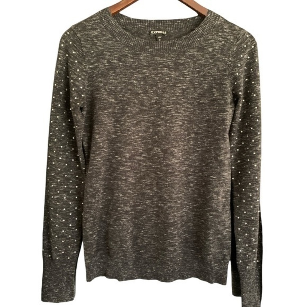 NEW Express Gray Long Sleeve Sweater Size Small Crew Neck Rhinestone Accents